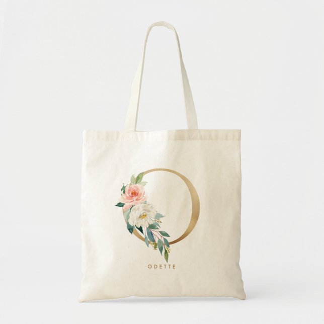 Bolsa Tote Monograma de Ouro com Letra O Flor de Peônia para  (Frente)