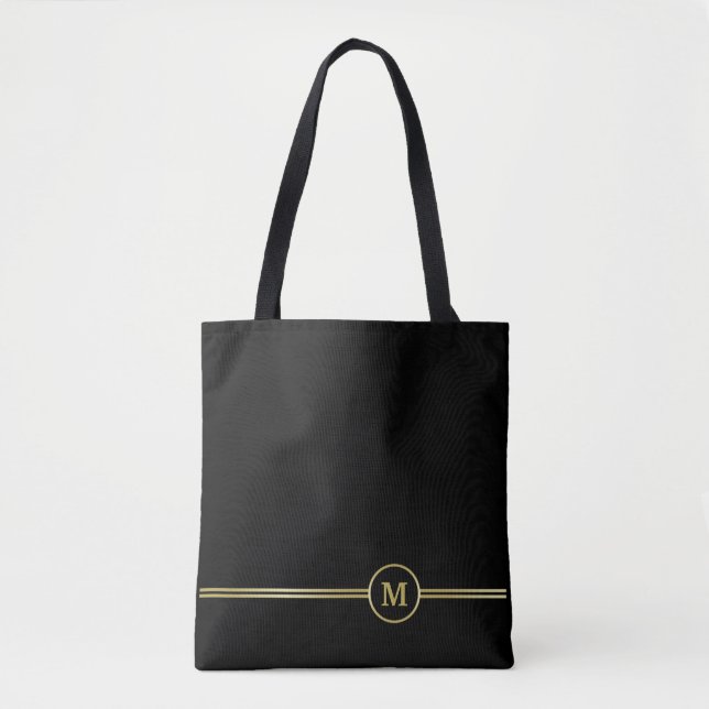 Bolsa Tote Monograma de ouro elegante a preto (Frente)