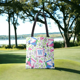 Bolsa Tote Monograma de Padrão de Carrinho de Golfe Rosa e Az