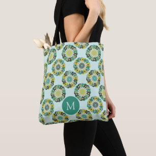 Bolsa Tote Monograma de padrão de flor moderno em verde-teal