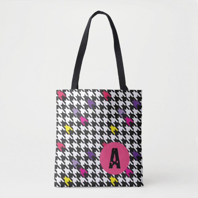 Bolsa Tote Monograma de padrão de houndstooth moderno (Frente)