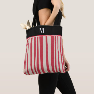 Bolsa Tote Monograma de Padrão de Stripe Branca Vermelha