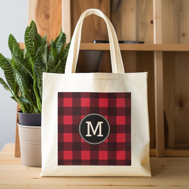 Bolsa Tote Monograma de Padrão de Xadrez de Buffalo Vermelho  (Personalized tote bag with monogram)