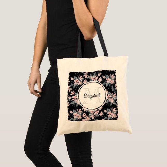 Bolsa Tote Monograma de Padrão Flor de Aquarela Rosa e Cinza (Frente (produto))