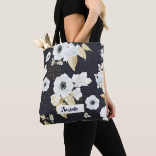Bolsa Tote Monograma de Padrão Floral Branco e Azul Elegante