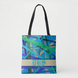 Bolsa Tote Monograma de Padrão Geométrico Azul e Verde