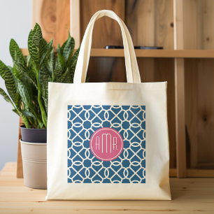 Bolsa Tote Monograma de Padrão Geométrico Rosa Quente e Azu