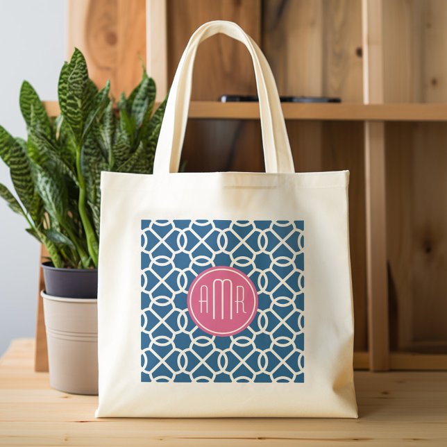 Bolsa Tote Monograma de Padrão Geométrico Rosa Quente e Azul (Personalized tote bag with photos and custom text)