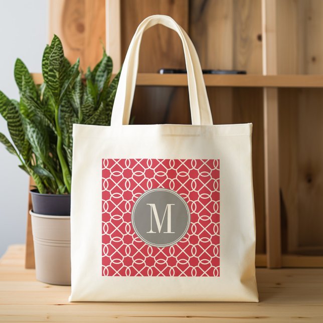Bolsa Tote Monograma de Padrão Geométrico Vermelho e Cinza (Personalized tote bag with pattern and monogram)