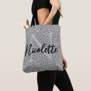 Bolsa Tote Monograma de Penas com Glitéricos de Prata em Grey