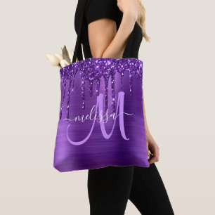 Bolsa Tote Monograma de Pincel com Glitter Roxo