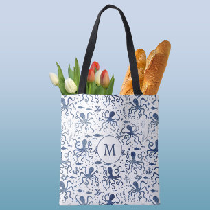 Bolsa Tote Monograma de polvo submarino em aquarela azul cost