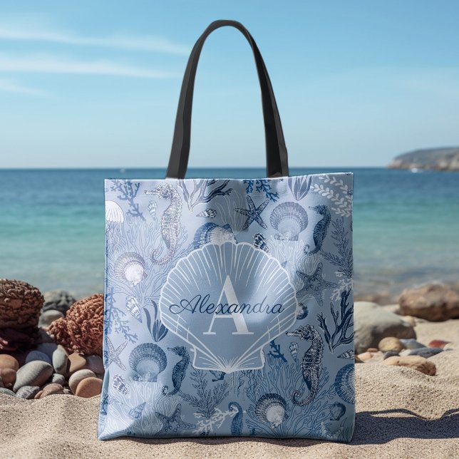Bolsa Tote Monograma de Praia Costeira do Mar Azul (Criador carregado)