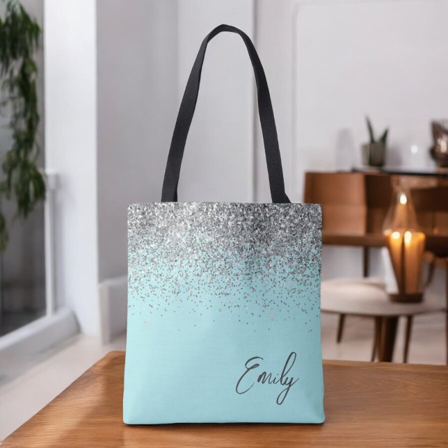 Bolsa Tote Monograma de Prata Leve Azul Aqua (Criador carregado)