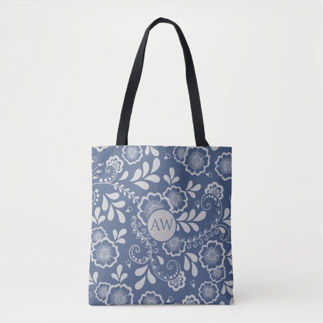 Bolsa Tote Monograma de rendas vitorianas de prata e azul fra (Frente)