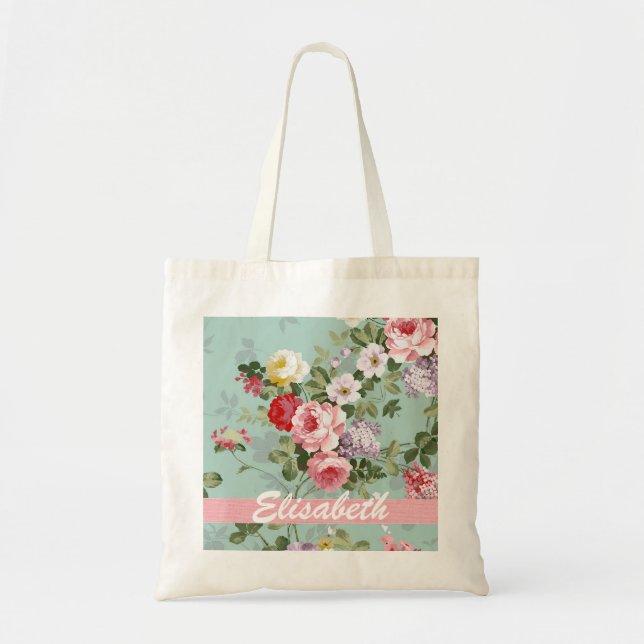 Bolsa Tote Monograma de Rosas vermelhas Rosa Elegante (Frente)