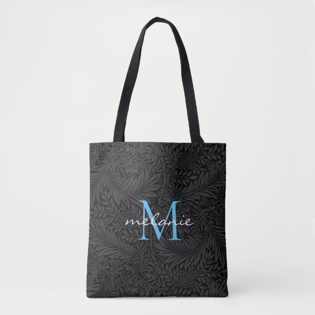 Bolsa Tote Monograma de Script Azul do Céu Floral Negro Elega (Frente)