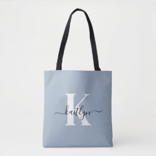 Bolsa Tote Monograma de Script Azul Elegante Dusty