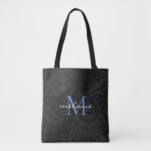 Bolsa Tote Monograma de Script Azul Floral Preto Elegante