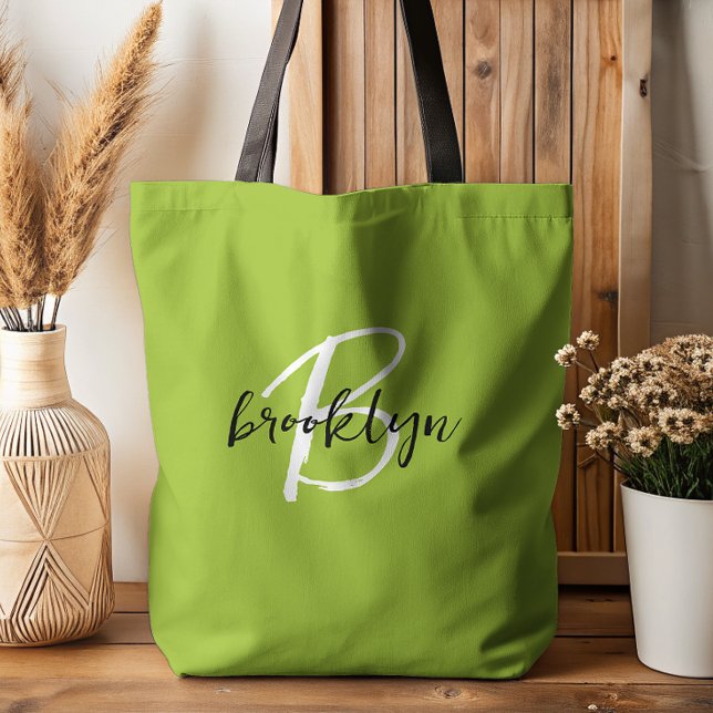 Bolsa Tote Monograma de Script Branco Preto do Verde limão de (Criador carregado)