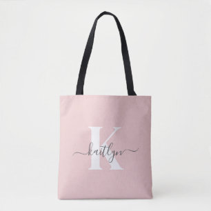 Bolsa Tote Monograma de Script de Cinza Cor-de-Rosa Elegante