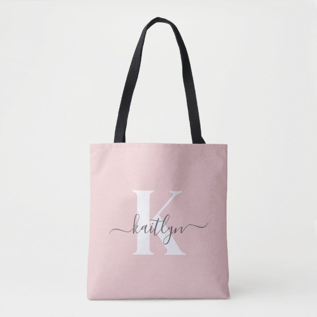 Bolsa Tote Monograma de Script de Cinza Cor-de-Rosa Elegante (Frente)