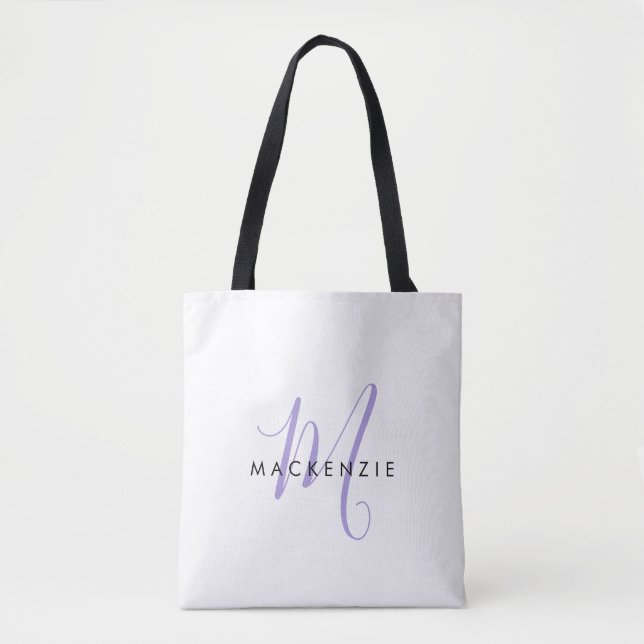 Bolsa Tote Monograma de Script de Lavanda Branca Moderno Eleg (Frente)