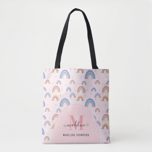 Bolsa Tote Monograma de Script do Coração do Arco-Íris Crític (Frente)