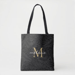 Bolsa Tote Monograma de Script Dourado Floral Preto Elegante