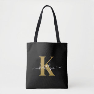 Bolsa Tote Monograma de Script Dourado Preto Elegante