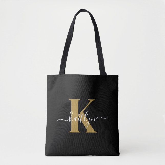 Bolsa Tote Monograma de Script Dourado Preto Elegante (Frente)