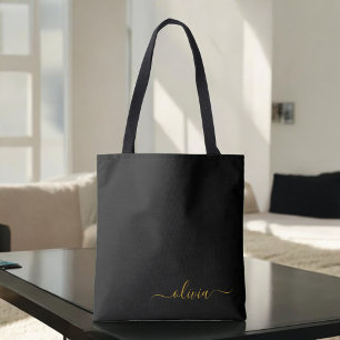 Bolsa Tote Monograma de Script Raiz Dourado de Nome Negro Mod