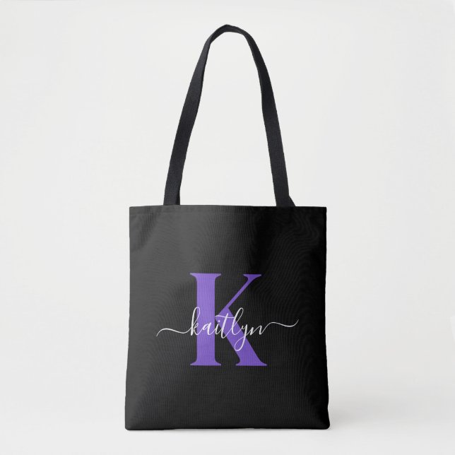Bolsa Tote Monograma de Script Roxo Preto Moderno (Frente)