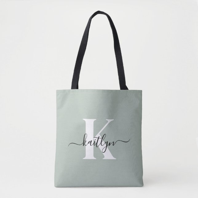 Bolsa Tote Monograma de Script Verde do Moderno Sage (Frente)