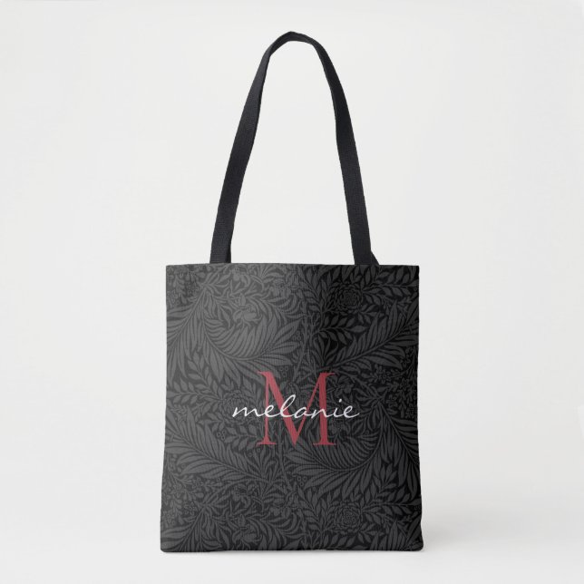 Bolsa Tote Monograma de Script Vermelho Floral Preto Elegante (Frente)