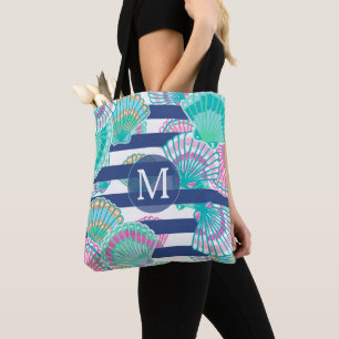 Bolsa Tote Monograma de Seashell de Stripe Azul marinho