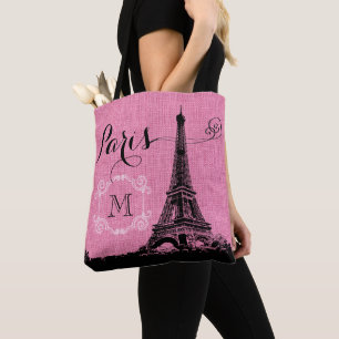 Bolsa Tote Monograma de serapilheira do rosa da torre Eiffel