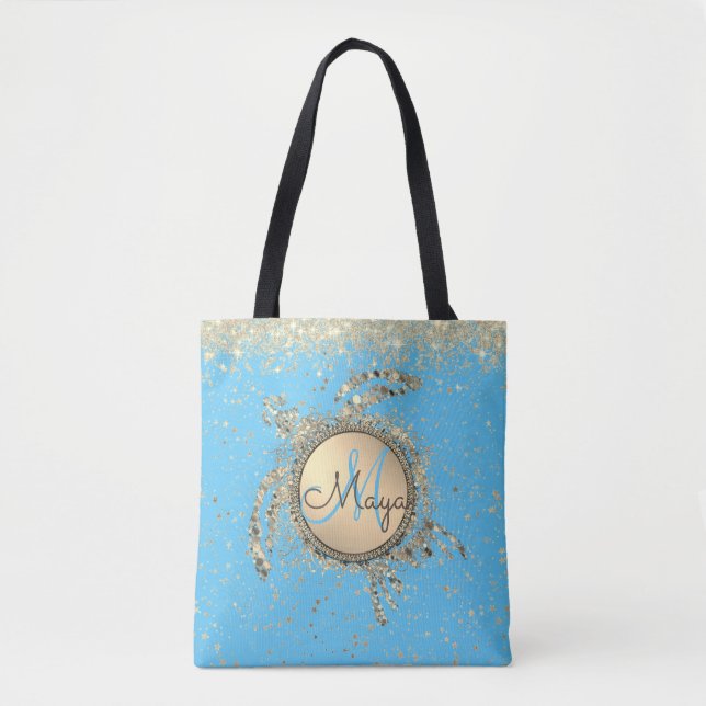 Bolsa Tote Monograma de Tartaruga Dourada brilha no BLue (Frente)