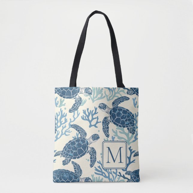 Bolsa Tote Monograma de Tartarugas do Mar Azul e Creme (Frente)