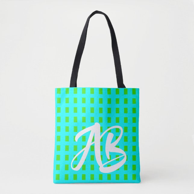 Bolsa Tote Monograma Diversão Moderna Azul Azul e Verde (Frente)