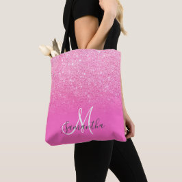 Bolsa Tote Monograma do bloco ombre glitter, cor-de-rosa bril