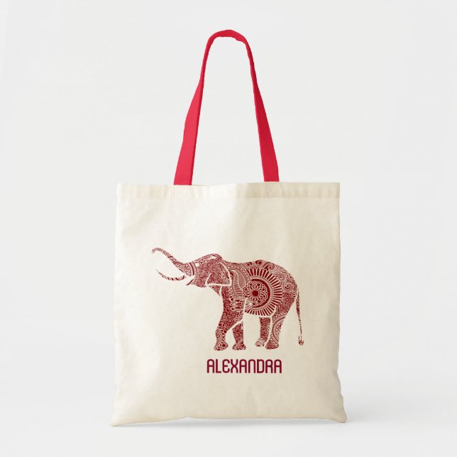 Bolsa Tote Monograma do Elefante do Ornamentado Vermelho e Br (Frente)
