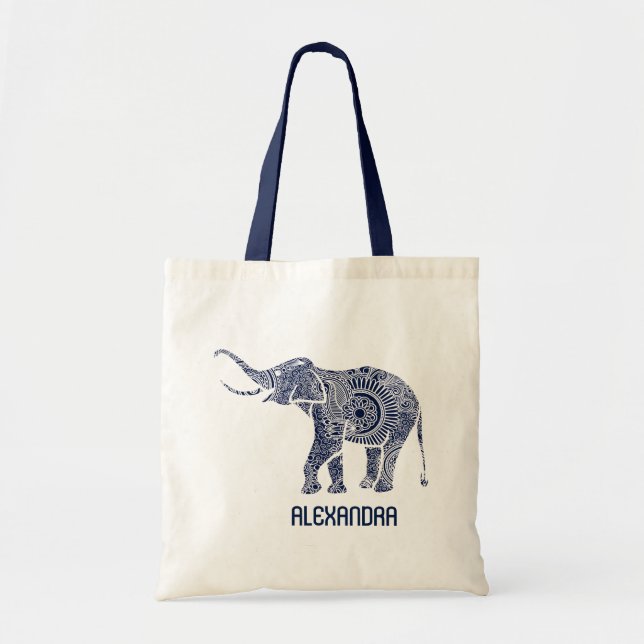 Bolsa Tote Monograma do elefante giratório do Ornamentado azu (Frente)