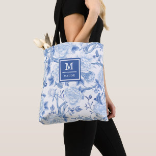 Bolsa Tote Monograma do Jardim de Pássaros Branco Azul