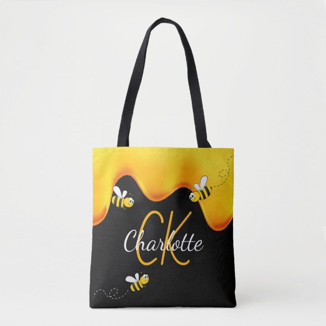 Bolsa Tote Monograma do mel de abelhas pretas (Frente)