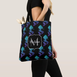 Bolsa Tote Monograma do Mermaid aqua blue ombre Sparkles