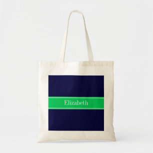 Bolsa Tote Monograma do nome da faixa verde esmeralda azul-Ma