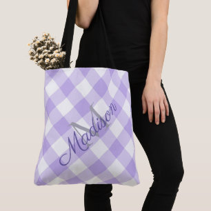 Bolsa Tote Monograma do nome da xadrez Roxo Cute Roxo