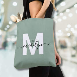 Bolsa Tote Monograma do Nome do Script Moderno Verde Sage