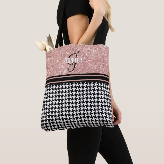 Bolsa Tote Monograma do nome Glitter Houndstooth Rosa Dourado (Close Up)